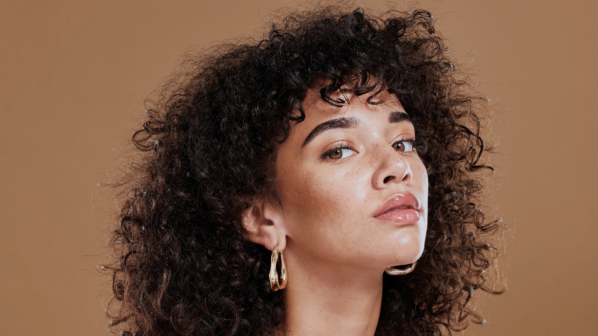 Schwarze Frau, Schönheit und Hautpflege Gesicht Porträt für natürliche Afro, Gesichts-oder Haarpflege Kosmetik. Gesundes, schönes und selbstbewusstes Modell mit lockigem Haar, Glanz und Textur im braunen Studiohintergrund.